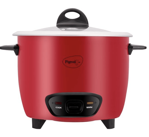 Pigeon by Stovekraft Ruby Rice Cooker with Single pot, 1.8 litres.(Red) | Toughened Glass Lid | 700 Watts | 2 Aluminium Cooking Pot | Measuring Cup| Spatula | Energy Efficient Cooking